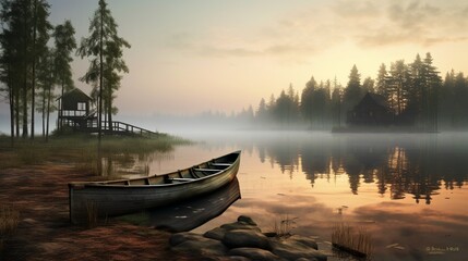 A serene, misty morning scene by a tranquil lake, with a lone rowboat nestled against a weathered...