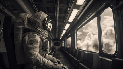 Black and white photo of an astronaut in the train. The concept of exploring other planets and entities.