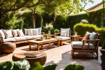 a tastefully arranged terrace with sophisticated garden furniture, plush cushions in soft pastel shades, and a quaint coffee table, bathed in warm sunlight