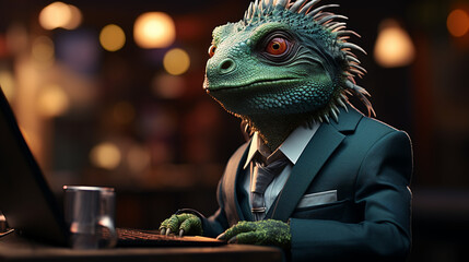 Chameleon wearing business suit.
