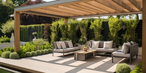 Green garden outdoor patio with wooden pergola and comfortable seating - obrazy, fototapety, plakaty