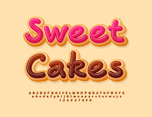 Vector advertising poster Sweet Cakes. Choco Dessert Font. Artistic Alphabet Letters and Numbers set.