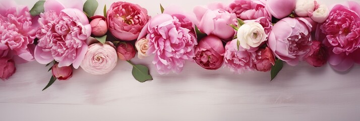 Fresh bunch of pink peonies and roses on wooden rustic background. Card Concept, pastel colors, close up image, copy space