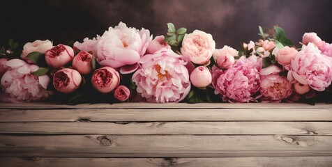 Fresh bunch of pink peonies and roses on wooden rustic background. Card Concept, pastel colors, close up image, copy space