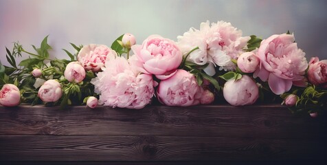Fresh bunch of pink peonies and roses on wooden rustic background. Card Concept, pastel colors, close up image, copy space - obrazy, fototapety, plakaty