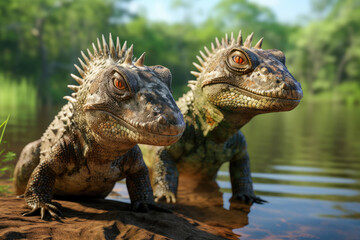 Obraz premium two ancient dinosaur reptiles in the water