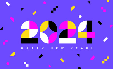 Happy New Year 2024 greeting card or banner design with colorful geometric numbers on blue background.