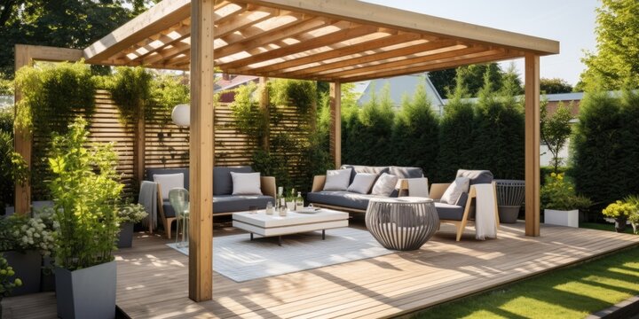 Green garden outdoor patio with wooden pergola and comfortable seating
