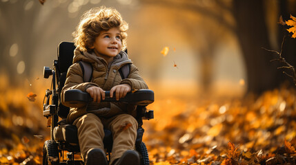 Child in wheelchair in the autumn park.