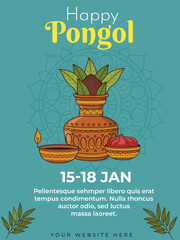 Happy Pongal celebrations greetings background with suger cane and religious props Vector illustration .