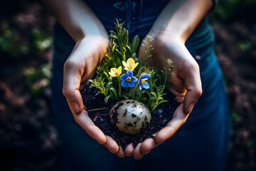 hands holding flowers and egg