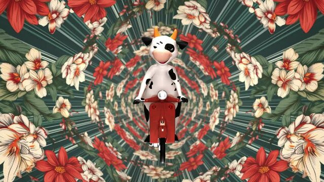 funny cow riding a moped, spring mood, floral dreams, background for music, 3d render