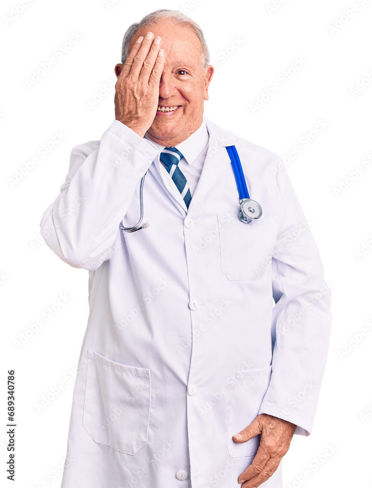 Canvas Prints Senior handsome grey-haired man wearing doctor coat and stethoscope covering one eye with hand, confident smile on face and surprise emotion.