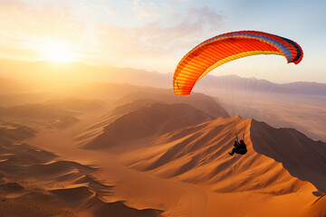 paragliding in the sunset, paraglider in the sunset, paraglider in the sky, paraglider in the mountains, paragliding in the mountains, Paraglider soaring above rugged mountain landscapes
