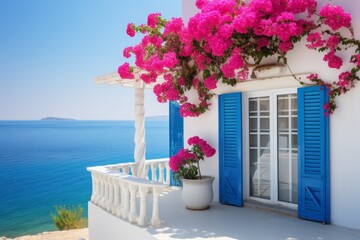 Charming Greek island view with bright pink bougainvillea over a balcony and blue shutters.