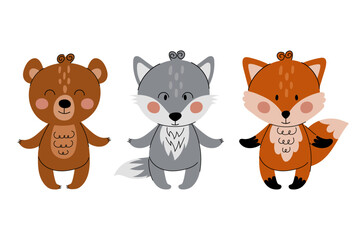 Set of vector illustrations of forest animals. Teddy bear, fox and wolf in flat style with doodle elements. Cute animals for your design.