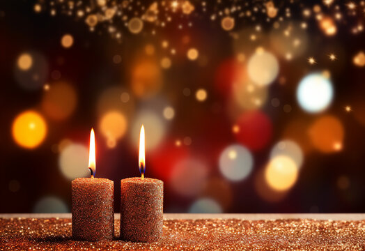 New Year glitter candlelight flickering against dreamy blurred bokeh backdrops depicting soft focus warm lighting atmosphere in dramatic event tabletop photography