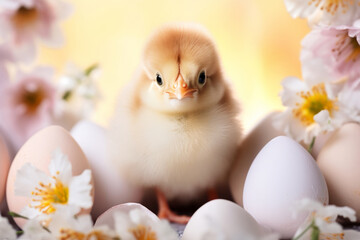 Easter chick peeking out of egg shell on pastel background with spring flowers and eggs. Generative AI