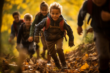 children in the forest, children in the woods, Group of happy joyful school kids with backpacks running with outstretched arms in forest on sunny spring day, excited children scouts boys and girls hav - obrazy, fototapety, plakaty