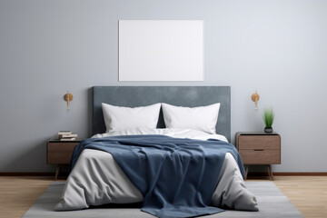 Fototapeta na wymiar Mockup of sleek bed featuring pillows and blanket. Bedroom. Generative AI