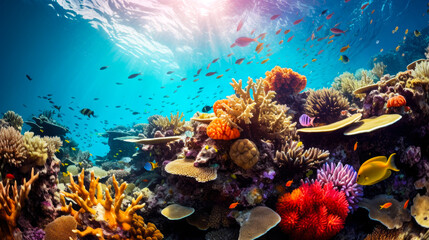 Fototapeta na wymiar Tropical fish and corals underwater in the Sea.