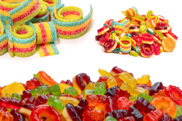 Assorted colorful gummy candies. Top view. Jelly donuts. Jelly bears. Isolated on a white background.