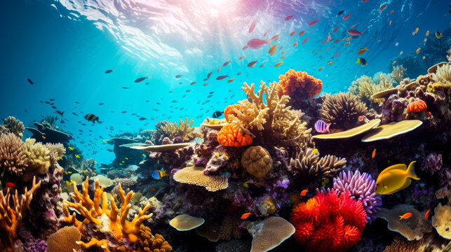 Tropical fish and corals underwater in the Sea.