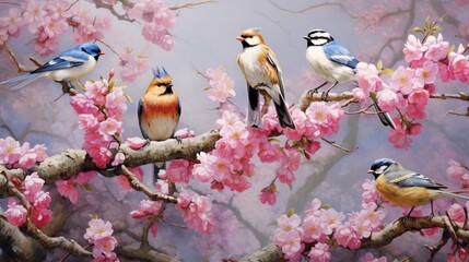 A group of birds chirping and frolicking in a blossoming cherry tree.