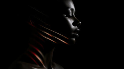 weibliches Beauty Model in seitlicher Pose. Low Key Portrait bei dramatischem Licht mit roten Lichteffekten. Querformat 16:9 Format. Generative Ai.