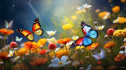 A group of colorful butterflies fluttering around a patch of wildflowers.
