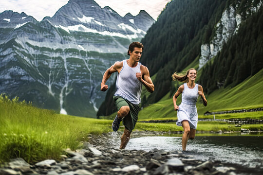 Mountain strides, A couple running against majestic peaks a dynamic stock photo capturing the invigorating spirit of outdoor fitness and scenic adventure.