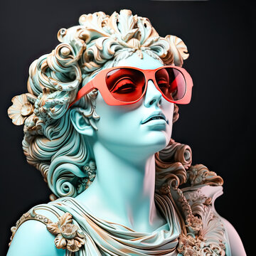 Goddess flair, Athena statue with pink glasses a creative stock photo blending classical elegance with modern whimsy in a playful and artistic twist.