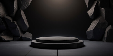 stone empty podium in black and gray colors, on a dark stone background. ai generative