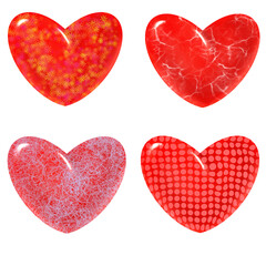 Set of red hearts, texture, isolated on white background