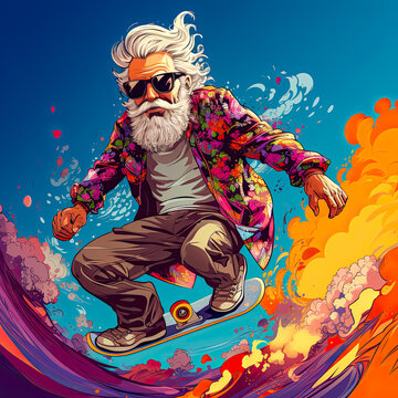 Ageless thrill, Illustration of an old man with a gray beard doing skateboard tricks a whimsical stock image blending vitality and timeless fun