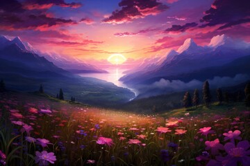 a sunrise over a purple flower field near mountains,
