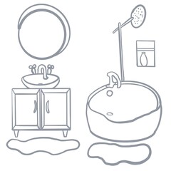 set of christmas decorations bathroom, shower cabin, shower, washbasin with built-in bedside table, bathroom mats, red washbasin, bathroom mirror