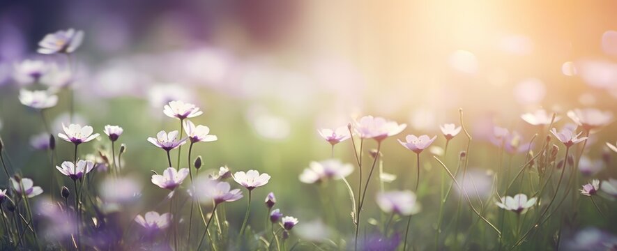 a white flower field with purple flowers, sun shining on it,