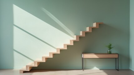a wooden staircase with a green poster near the stairs,