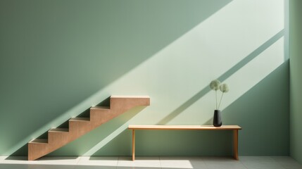 a wooden staircase with a green poster near the stairs,