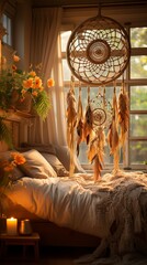 Dream catcher in a bohemian room, soft backlighting accentuating its intricate web and the delicate shadows on the adjacent wall.