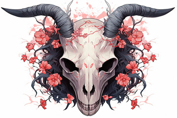 A black horned skull with red blossoms. Generative AI - obrazy, fototapety, plakaty
