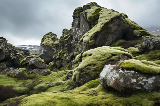 rocks and sky, rock in the mountains, rocks in the mountains, moss on stone, Green moss on group stone
