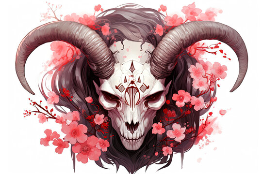 A black horned skull with red blossoms. Generative AI