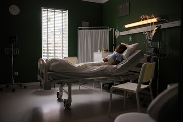Young patient in hospital gazes at the view outside from the bed waiting for being released.