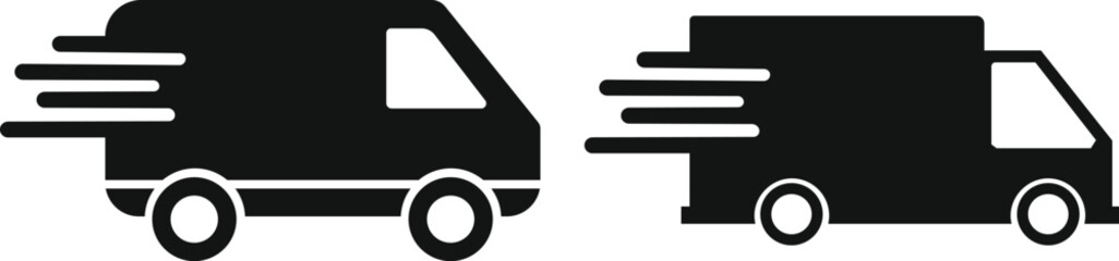 Obraz na płótnie Canvas Truck icon set. Freight, delivery symbol vector isolated on transparent background. Fast moving shipping delivery truck flat art collection use for transportation apps and websites
