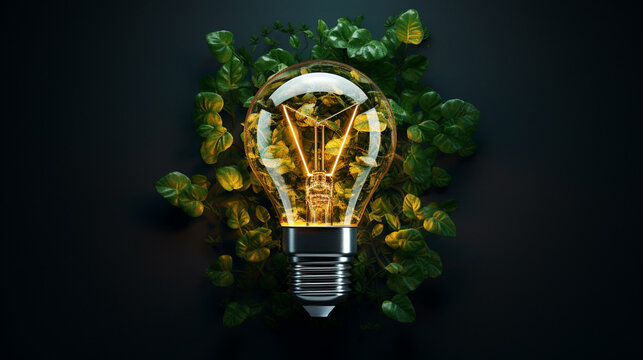 Creative AI-designed image of lightbulb made with fresh leaves, Top perspective, Symbolizing fusion of nature with renewable energy for sustainable living, AI Generated