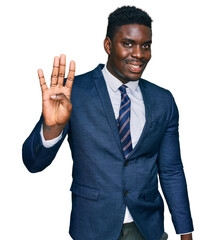 Handsome business black man wearing business suit and tie showing and pointing up with fingers number four while smiling confident and happy.