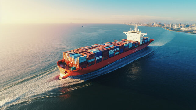 Cargo ship at sea focusing on logistics of freight transportation with clear depiction of ship's structure, AI Generated
