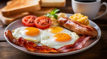 Cassic English breakfast elegantly arranged on a white plate.